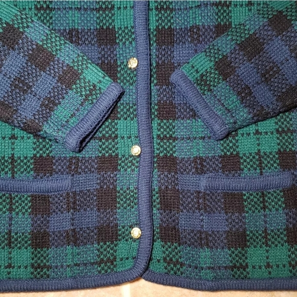 Vintage Crystal Kobe Cardigan Acryli Sweater Green Tartan Plaid Gold Buttons 80s - Picture 5 of 12
